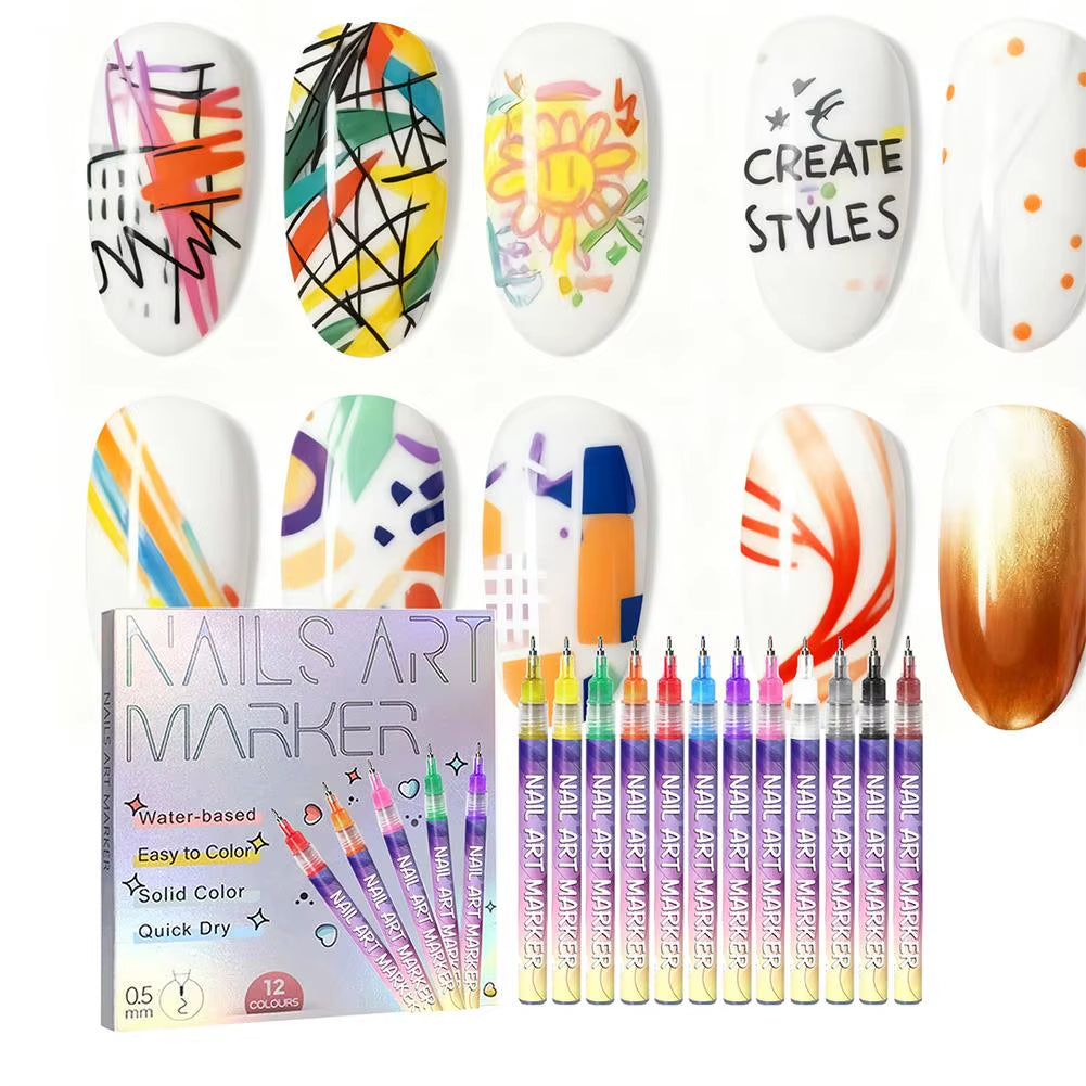 Vibrant 12-Color Acrylic Nail Art Marker Set - Waterproof & Quick-Drying DIY Nail Design Tools