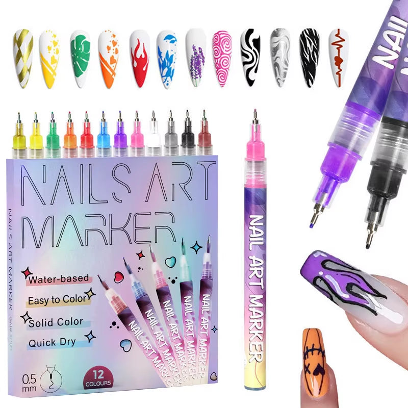 Vibrant 12-Color Acrylic Nail Art Marker Set - Waterproof & Quick-Drying DIY Nail Design Tools