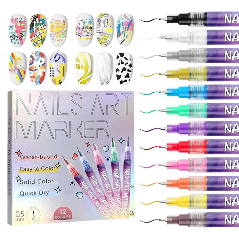 Vibrant 12-Color Acrylic Nail Art Marker Set - Waterproof & Quick-Drying DIY Nail Design Tools